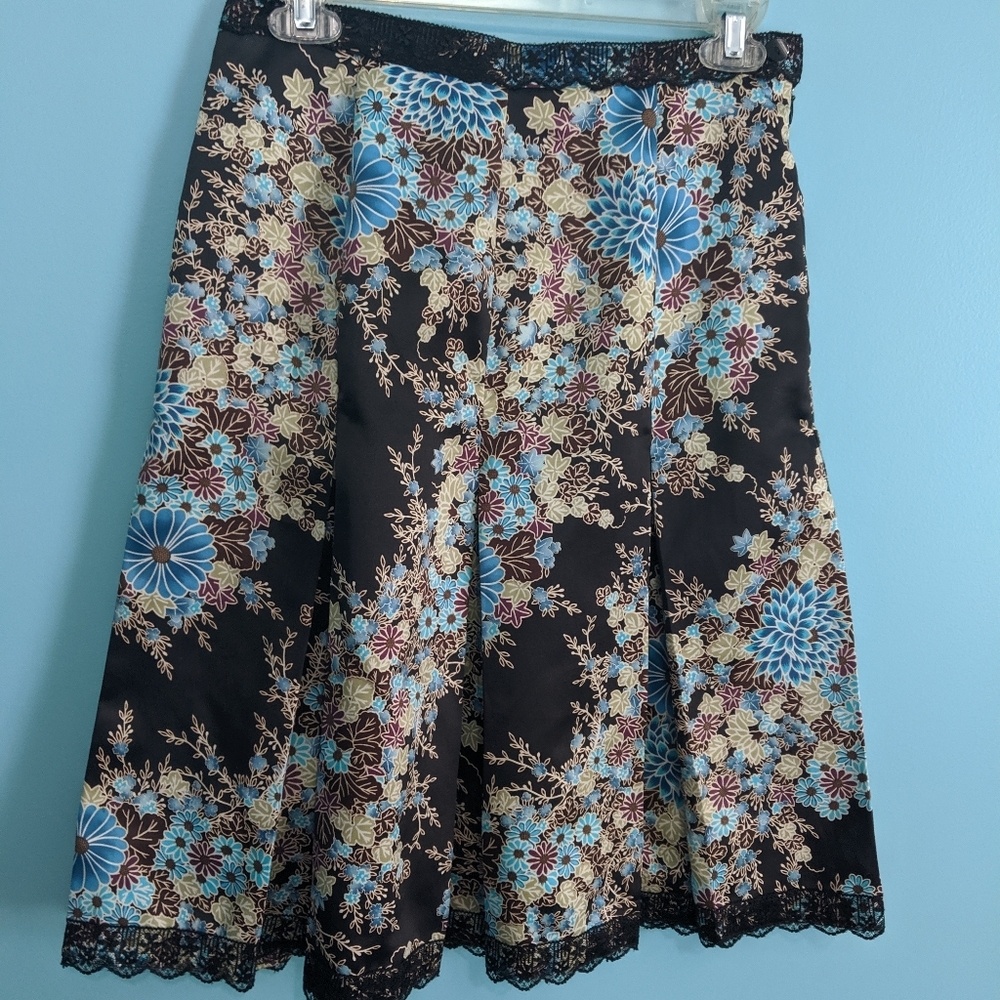 Vintage Floral Print Lace Pleated Midi Skirt